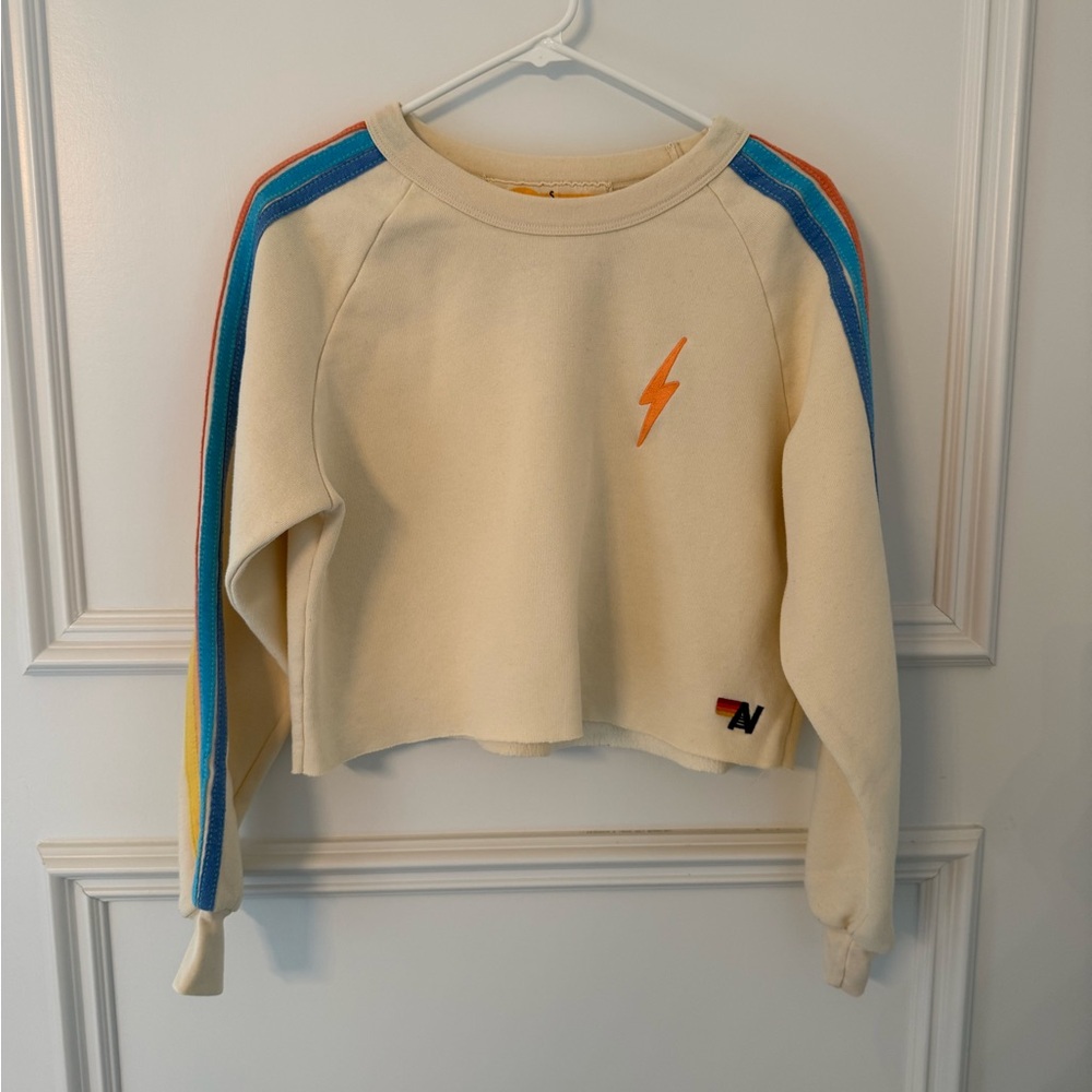 Aviator Nation Cream Cropped Sweatshirt with Rainbow Stripe Sleeves